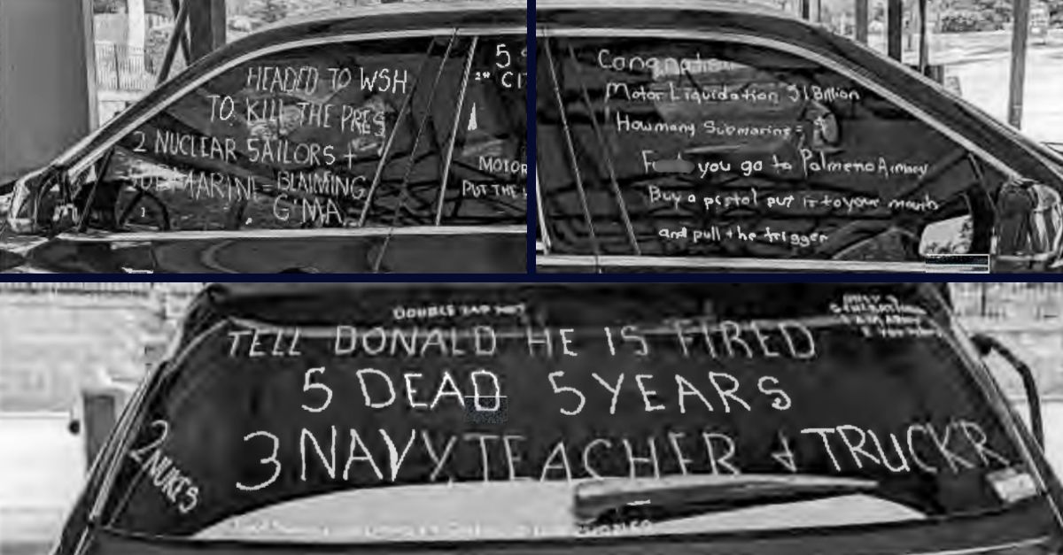 A newly unsealed criminal complaint shows photos of the car Daniel Swain was allegedly driving with threats to assassinate President Donald Trump written all over it (U.S. Department of Justice).