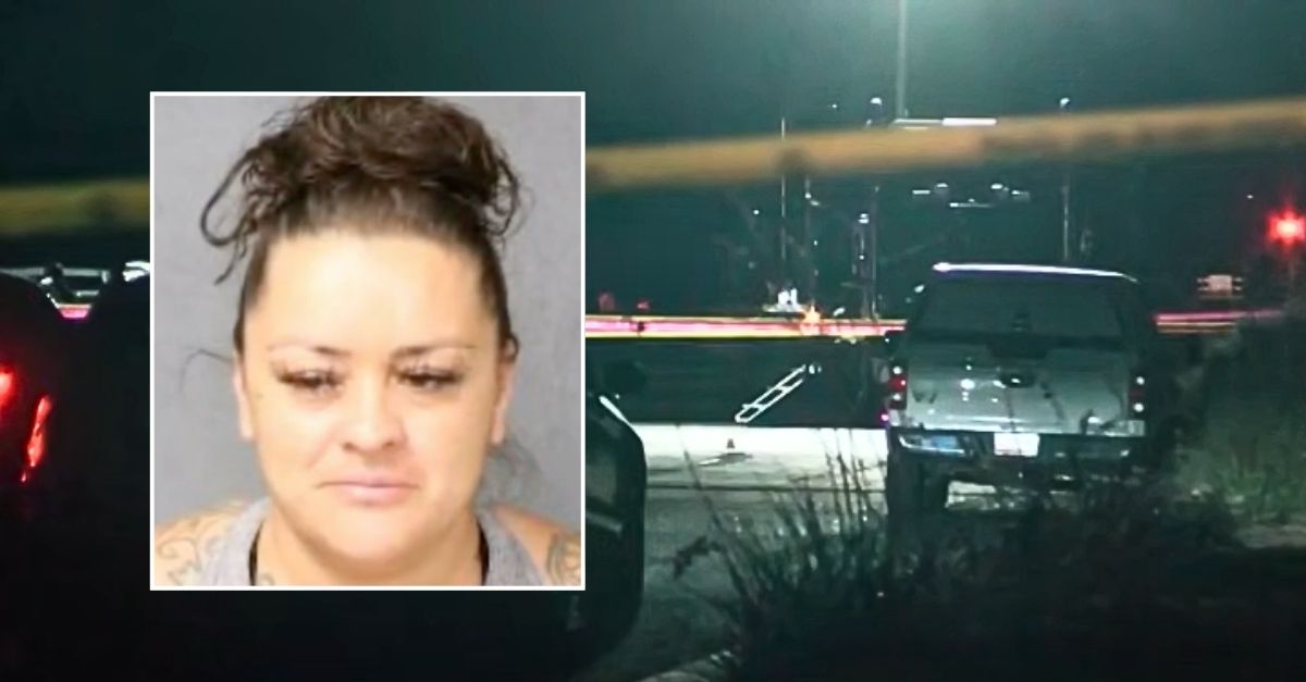 Inset: Erica Valdez (Albuquerque Police Department). Background: The scene in Albuquerque, N.M., where Erica Valdez shot and killed her husband Joel Valdez (KRQE/YouTube).
