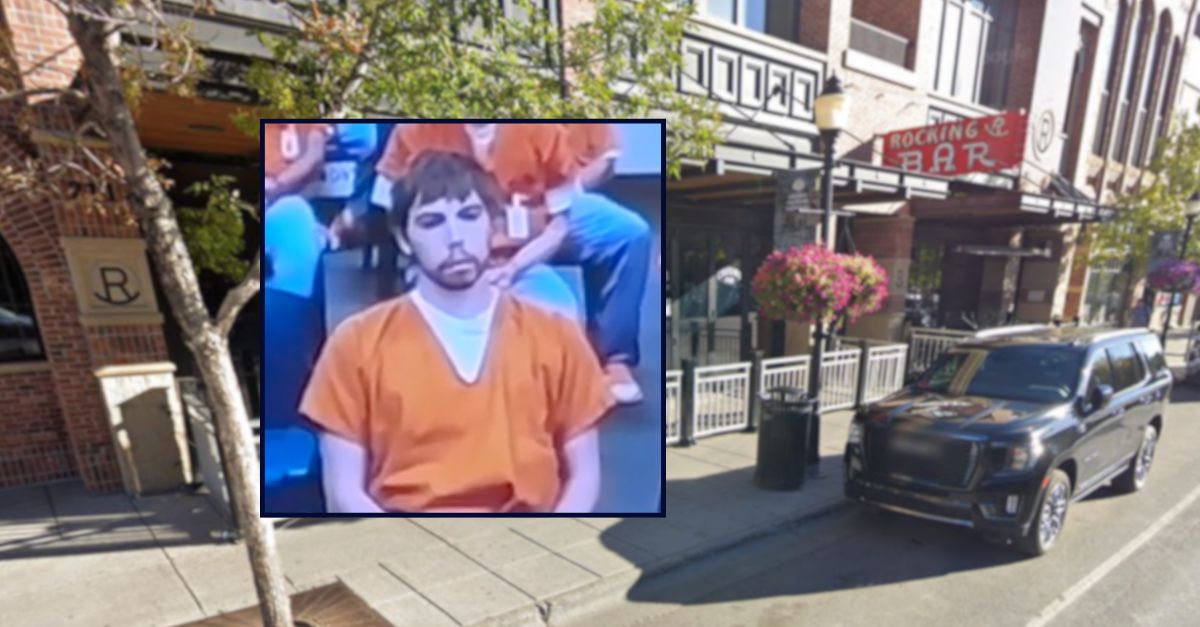 Jakob Lundberg appears in court inset against an image of a bar in Montana.
