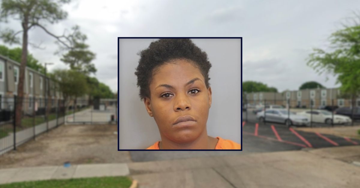 Jamesha Wilson appears successful a booking photograph inset against an representation of an flat analyzable successful Houston.