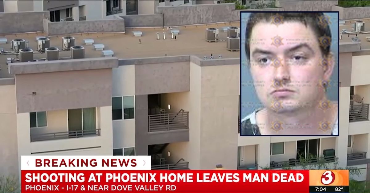Inset: Joseph Gabriel Peixotto (Maricopa County Sheriff's Office). Background: The Arizona apartment complex that Joseph Gabriel Peixotto was allegedly being kicked out of by his dad, Joseph Elmer Peixott, who was shot and killed (AZ Family/YouTube).