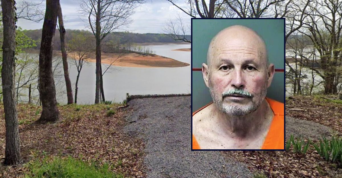 Keith Rowe appears in a booking photo inset against an image of Falls of Rough Lake.