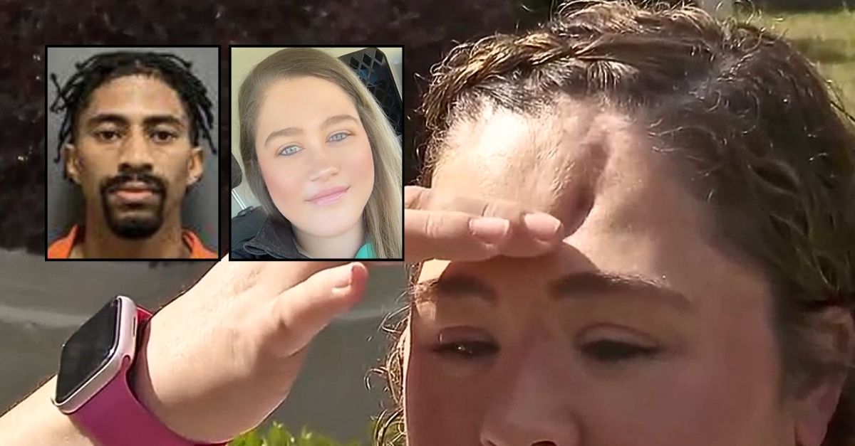 Left inset: Latarius Dale (Houston County Sheriff's Office). Right inset: Brittany Moulton (WTVY). Background: Brittany Moulton showing where she had a metal plate inserted into her head after Latarius Dale attacked her with a clawhammer (WTVY).