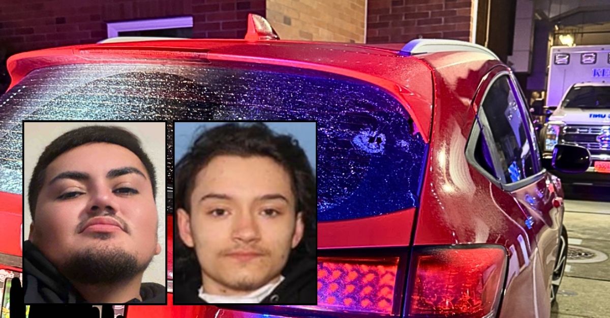 Left inset: Marcio Garcia (GoFundMe). Right inset: Anthony Taylor-Manriquez (Keizer Police Department). Background: The vehicle Marcio Garcia was driving in Oregon when he was allegedly shot in the head by a group of men while leaving an In-N-Out Burger (GoFundMe).