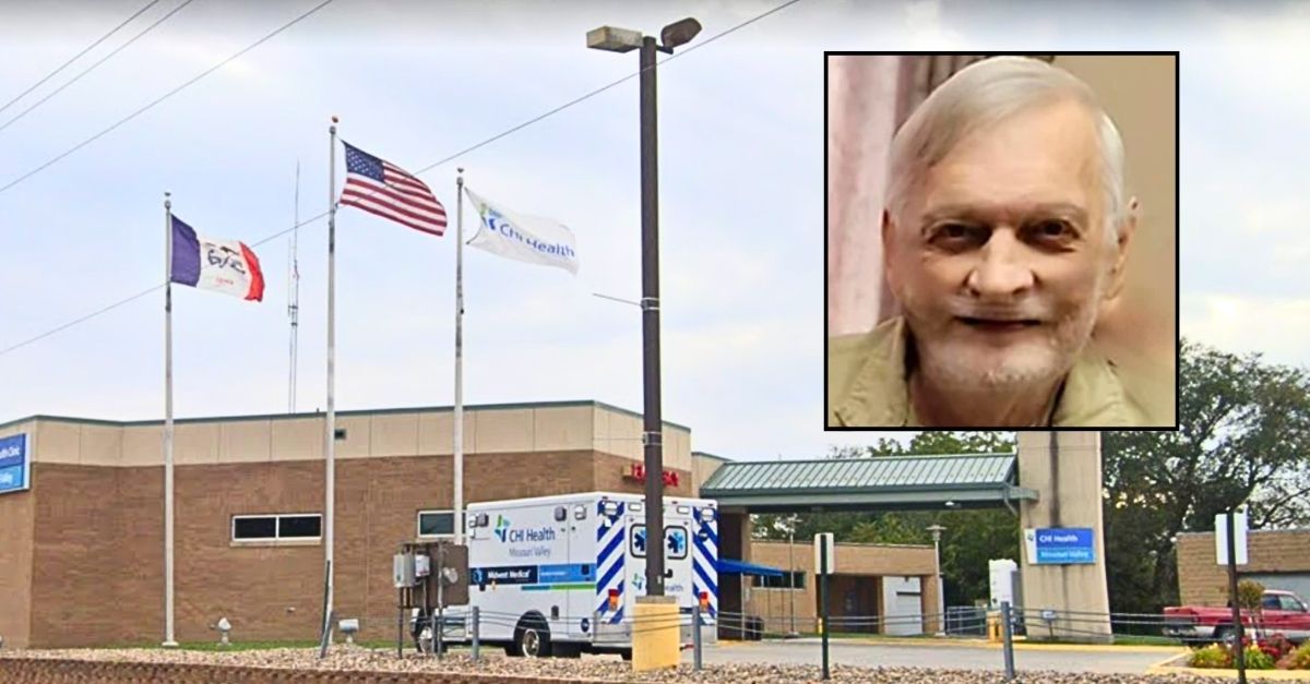 Inset: Martin Gillespie (Norfolk Daily News). Background: The Iowa hospital accused of harvesting Martin Hillespie's organs, skin tissue and eyes without permission from his next of kin (Google Maps).