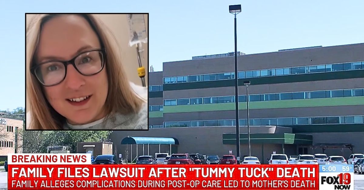 Inset: Rachel Tussey (TikTok). Background: The Ohio building where Rachel Tussey