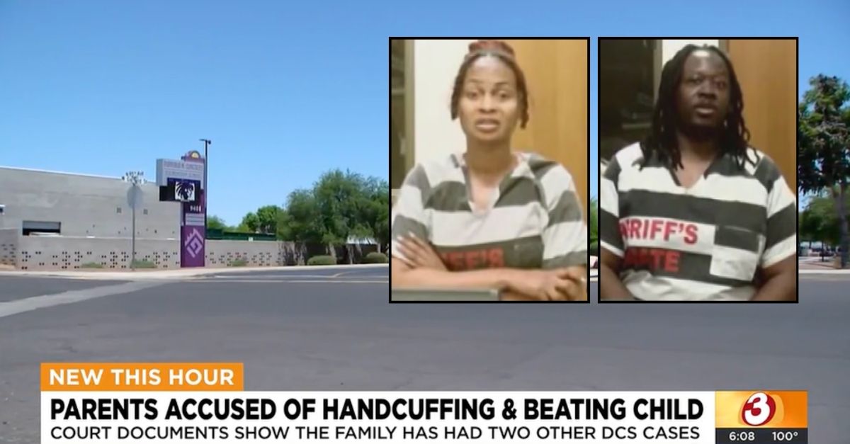 Left inset: Rita Barr. Right inset: Staffon Barr. Background: The Arizona school where Rita Barr and Staffon Barr's 9-year-old son allegedly told a nurse that they handcuffed him to a table and beat him with a tree branch (AZ Family/YouTube). 