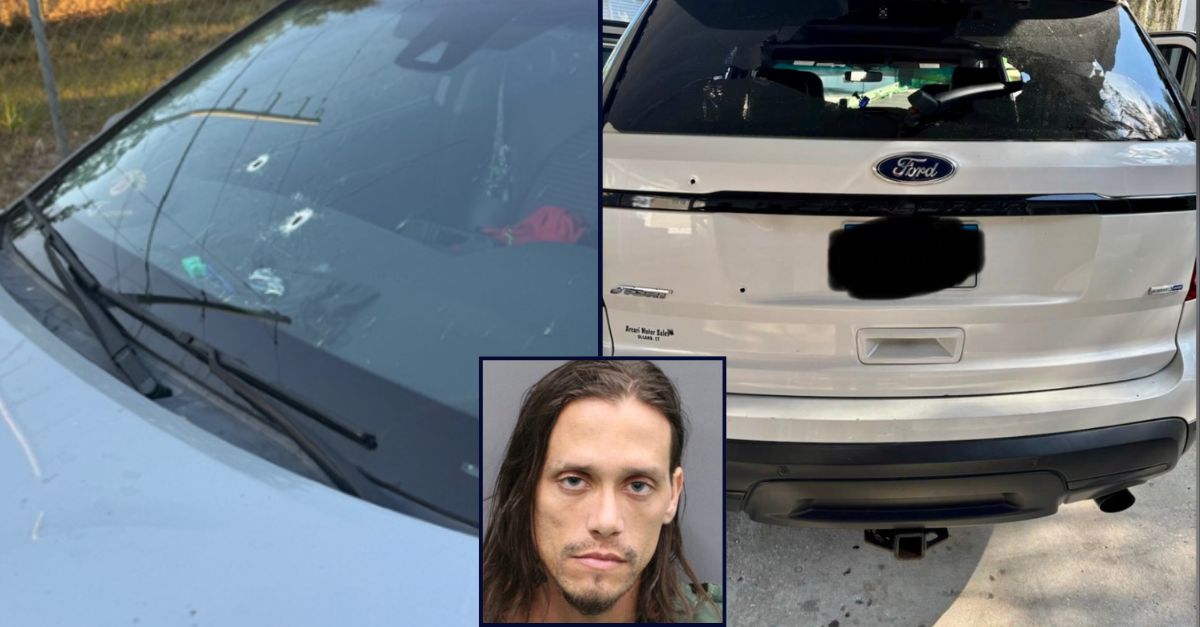 Inset: Nicolas Andrew Totherow (Hillsborough County Sheriff's Office). Background: Bullet holes from the front and back of the vehicle Totherow allegedly shot during last week's road rage incident (HCSO).
