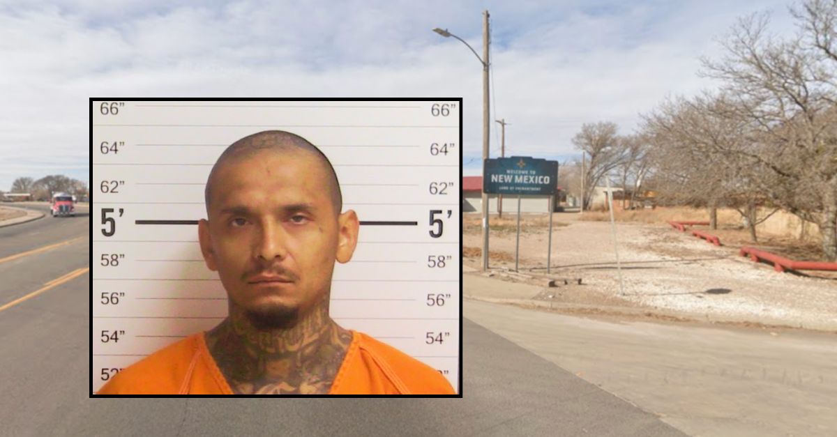 Vincent Galvan appears in a booking photo inset against the New Mexico-Texas state line.