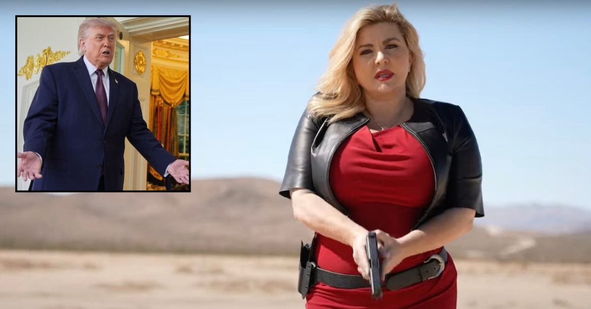 Inset: Michele Fiore in an ad seeking to become the Republican nominee for governor of Nevada (Apex Media/Youtube). Inset: President Donald Trump speaks to the press outside the Oval Office of the White House, Monday, April 13, 2026, in Washington (AP Photo/Alex Brandon).
