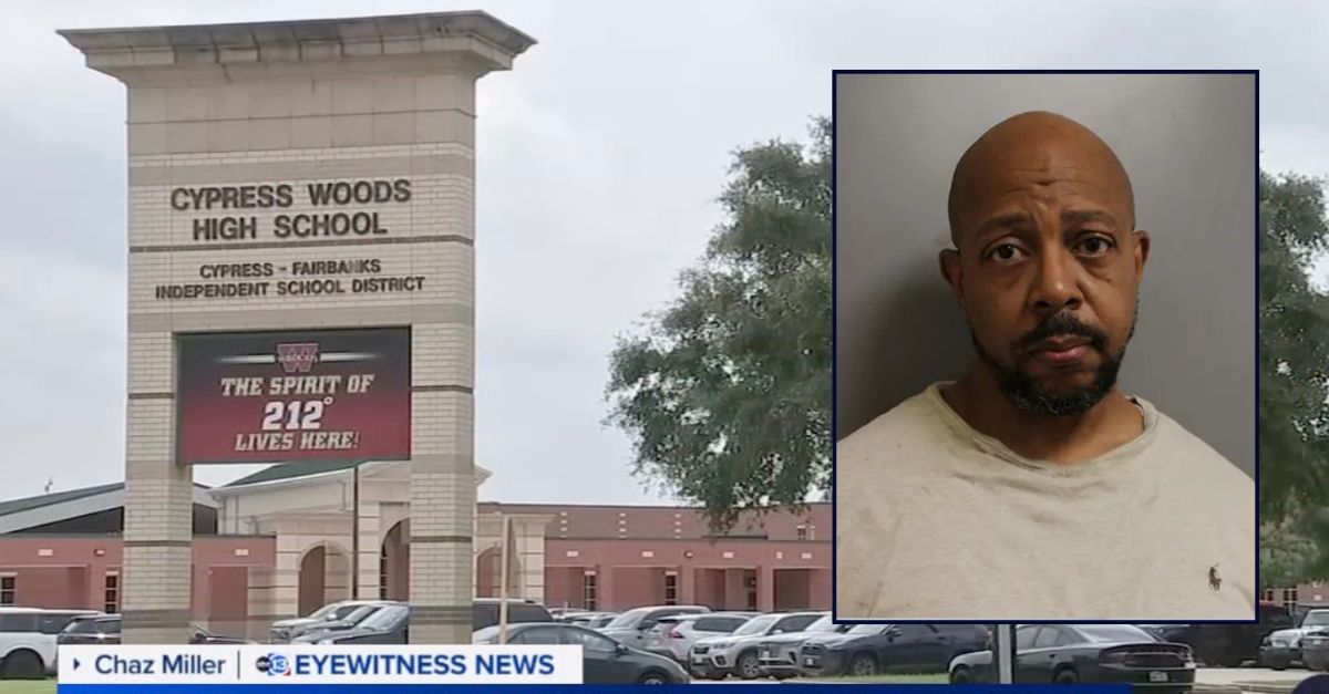 Inset: Donald C. Perkins (Harris County Jail). Background: The Texas school where Perkins is charged with assaulting an austistic student who later died (KTRK).