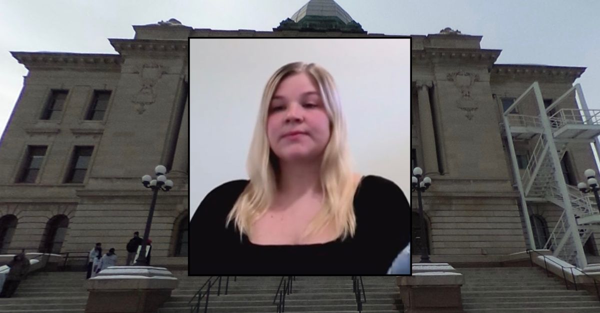 Inset: Hannah Sprang appearing for her sentencing hearing (WLUK). Background: The Manitowoc County Courthouse in Wisconsin (Google Maps).