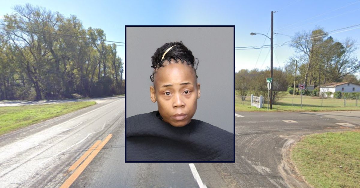 Anissa Bell appears in a booking photo inset against an image of an intersection where a crash occurred in Texas.