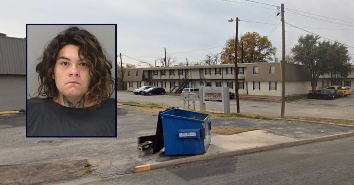 Audrey Troncoso appears in a booking photo inset against an image of an apartment complex in Texas.