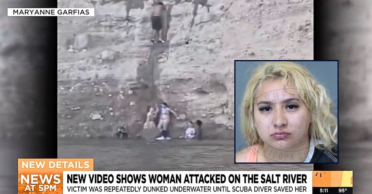 Inset: Beyonce Burruel (Maricopa County Sheriff's Office). Background: The Arizona cliff diving spot where Beyonce Burruel allegedly attacked and held a woman's head underwater (AZ Family).