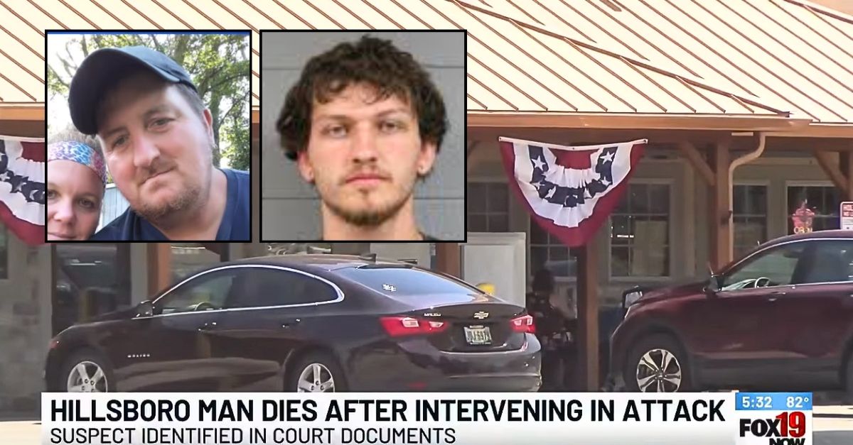 Left inset: Billy Grooms (WXIX/YouTube). Right inset: Javen Meadows (Highland County Sheriff's Office). Background: The Ohio gas station where cops say Javen Meadows attacked and strangled a woman before running over Billy Grooms after he stepped in to stop him (WXIX/YouTube).
