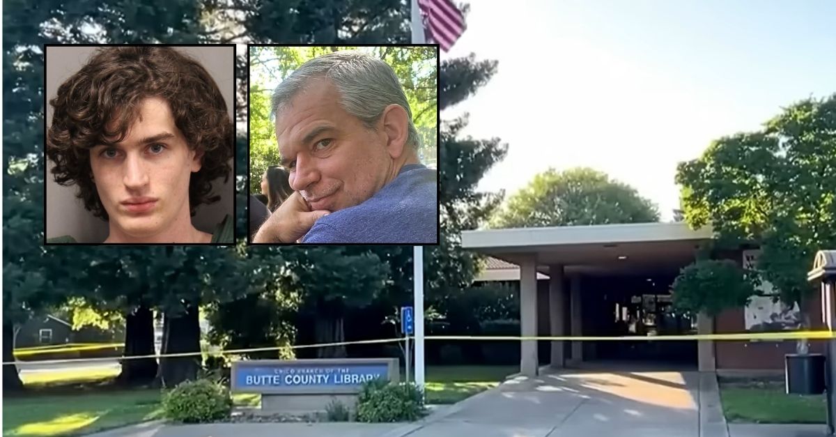 Left inset: Brad Sayer (Chico Police Department). Right inset: Jacob Hull (Facebook). Background: The library in California where Brad Sayer allegedly killed Jacob Hull with a shotgun while he was shielding an 8-year-old girl during Sayer's deadly shooting rampage (KRCR/YouTube).