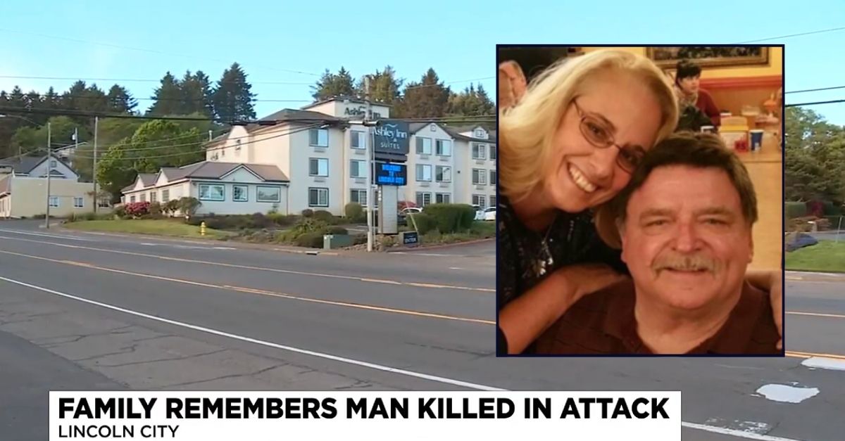 Inset: Bradley Cole and his wife Debra Cole (Omega Funeral and Cremation Services). Background: The Oregon hotel where Bradley Cole and his wife were staying during their anniversary getaway when he was beaten to death (KPTV/YouTube).