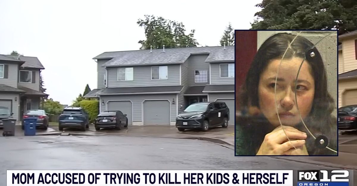 Inset: Chardonnay Marie Benavidez in court (KATU/YouTube). Background: The home where Oregon mom Chardonnay Marie Benavidez allegedly tried to kill herself and her children (KPTV/YouTube).
