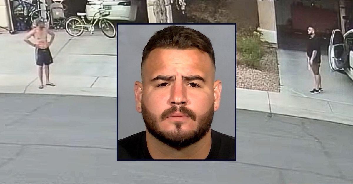  Las Vegas neighbors Eddi Moreno and Joe Moreno getting into a verbal altercation extracurricular  of their homes (KLAS/YouTube).
