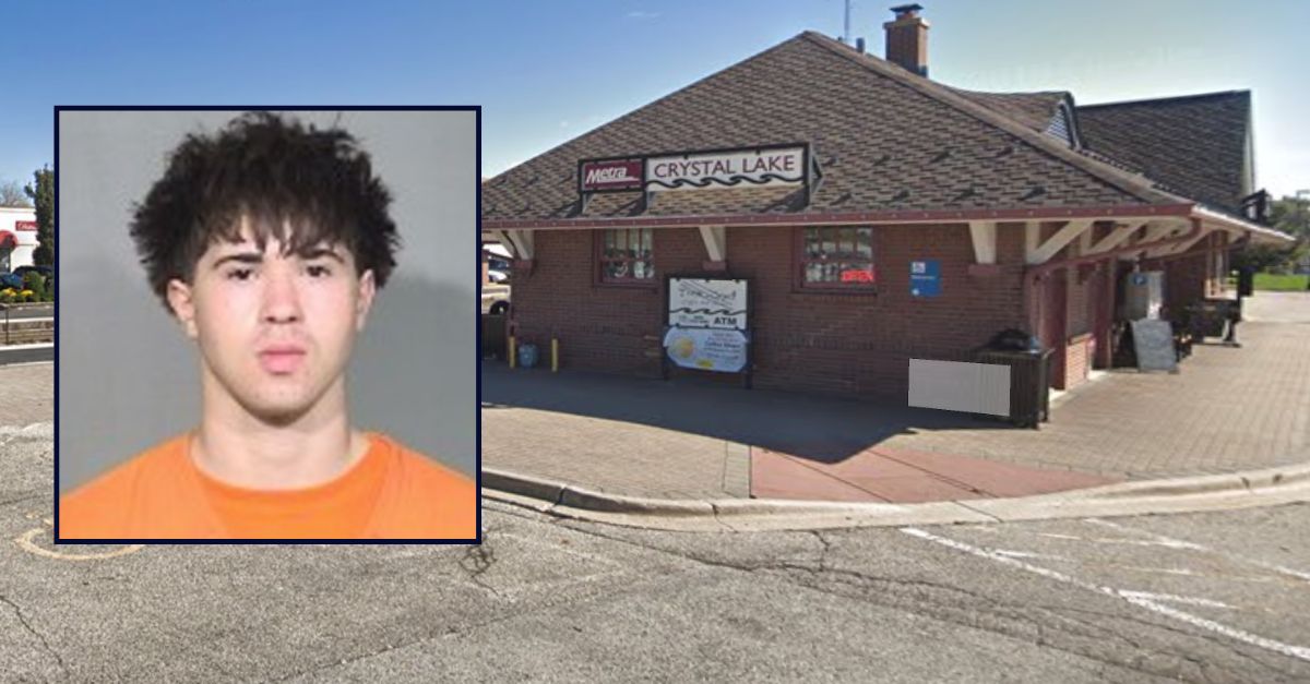 Inset: Gabriel R. Schuch (Crystal Lake Police Department). Background: The train station where Schuch allegedly attacked someone with a skateboard in downtown Crystal Lake, Ill. (Google Maps).