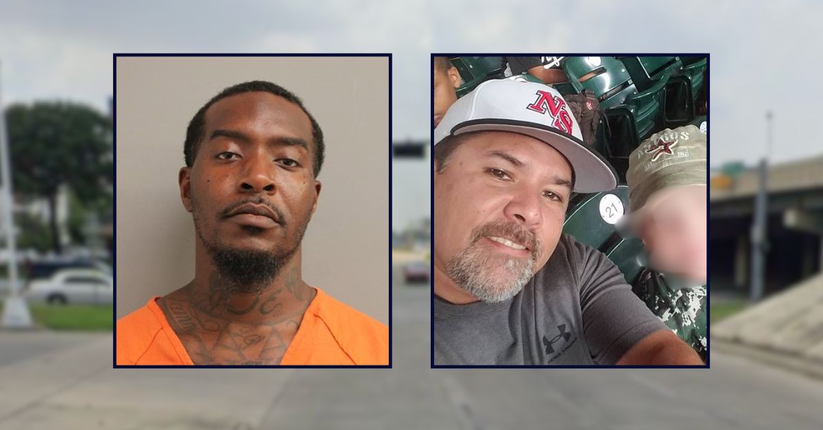 London Hogan appears in a booking photo inset on the left; Louis Erebia appears in a selfie inset on the right -- against an image of an intersection in Houston.