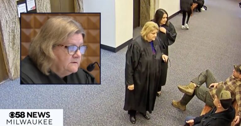 Inset: Milwaukee County Judge Hannah Dugan in court (WTMJ/YouTube). Background: Surveillance video shows Milwaukee County Judge Hannah Dugan speaking with ICE agents before Eduardo Flores-Ruiz's detainment (WDJT/YouTube).