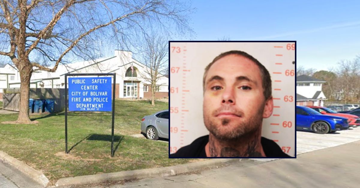 William Peairs appears in a booking photo inset against an image of a police station in Missouri.