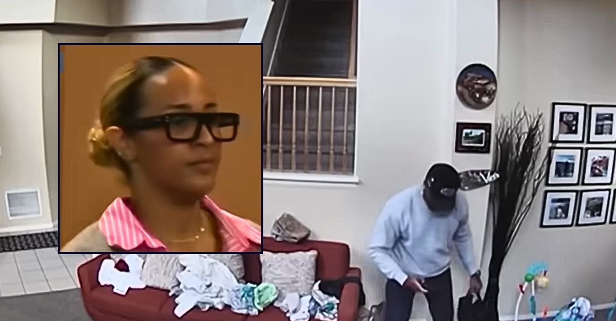 Inset: Rayna Bell in court. Background: Ring camera footage showing Rayna Bell