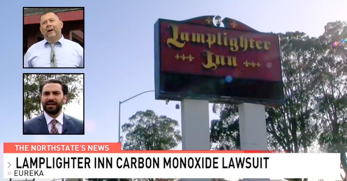 Background: The Lamplighter Inn in Eureka, Calif. (YouTube/KRCR). Insets, top to bottom: Samuel Hanna, Jon Davidi (YouTube/KRCR).