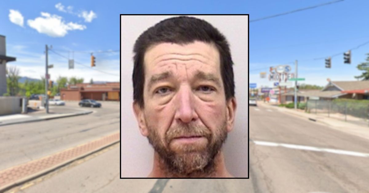 Inset: Timothy O'Brien (Colorado Springs Police Department). Background: The area in Colorado Springs, Colo., where Timothy O'Brien allegedly killed a woman at a motel (Google Maps).