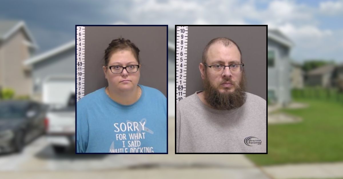 Cara Aus and Joshua Aus inset against an image of a house in Fargo.