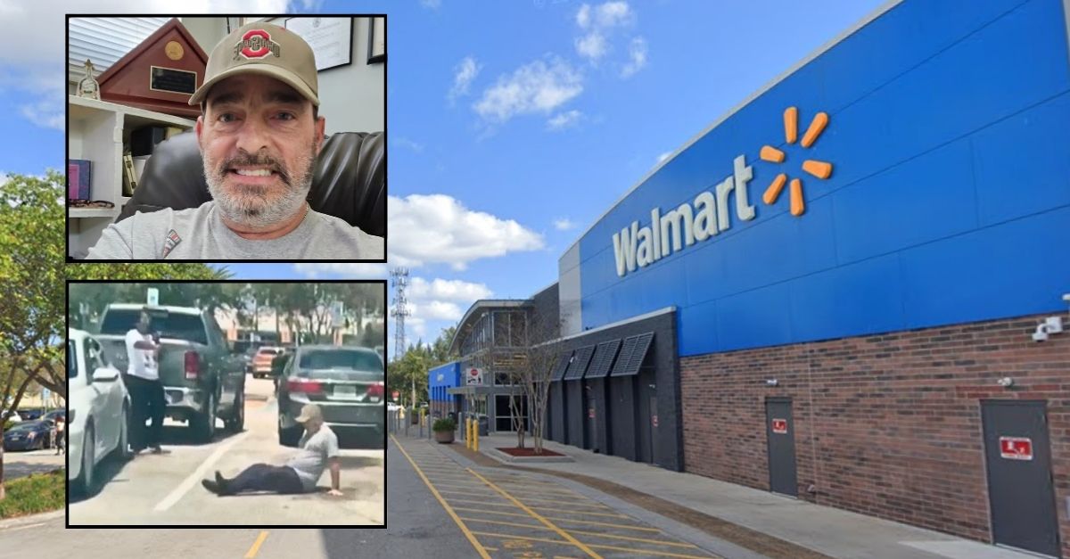 Inset top: Bart Diguglielmo (Facebook). Inset bottom: Cellphone footage allegedly shows a woman shooting Bart Diguglielmo during an argument over a Walmart parking spot (WPLG/YouTube). Background: The Walmart in North Lauderdale, Fla. (Google Maps)