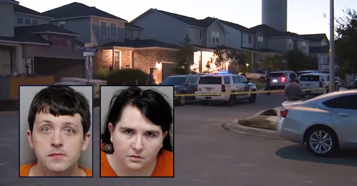 Left inset: Christopher Henson. Right inset: Margaret Brown (Bexar County Sheriff's Office). Background: The Texas home where Christopher Henson and Margaret Brown allegedly cleaned the scene of a crime, with the body of dead man being found stowed away in a closet (KSAT/YouTube).