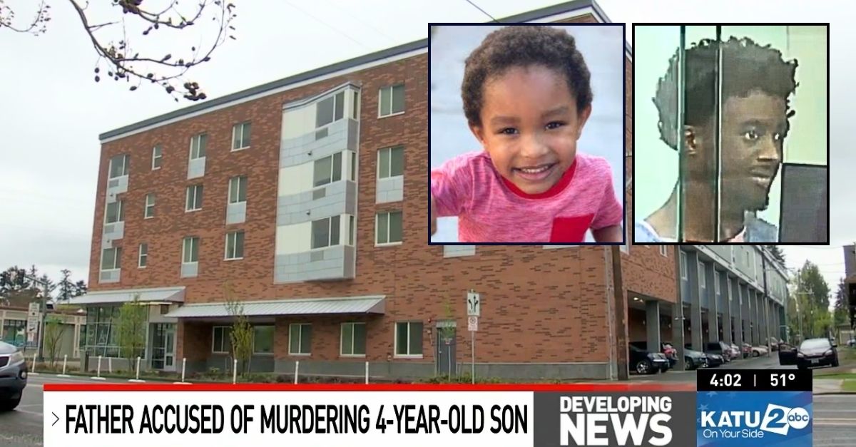 Left inset: Jhorden Clay. Right inset: Marquavious Ware in court. Background: The apartment building in Portland, Ore., where Marquavious Ware killed his son Jhorden Clay (KATU/YouTube).