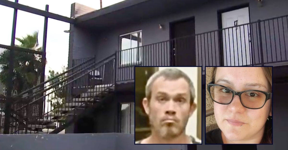 Left inset: Kyle Collins. Right inset: Cierra Tellez. Background: The Arizona apartment complex where Kyle Collins and Cierra Tellez were allegedly playing Monopoly with neighbors before cops say he murdered her (AZ Family/YouTube). 