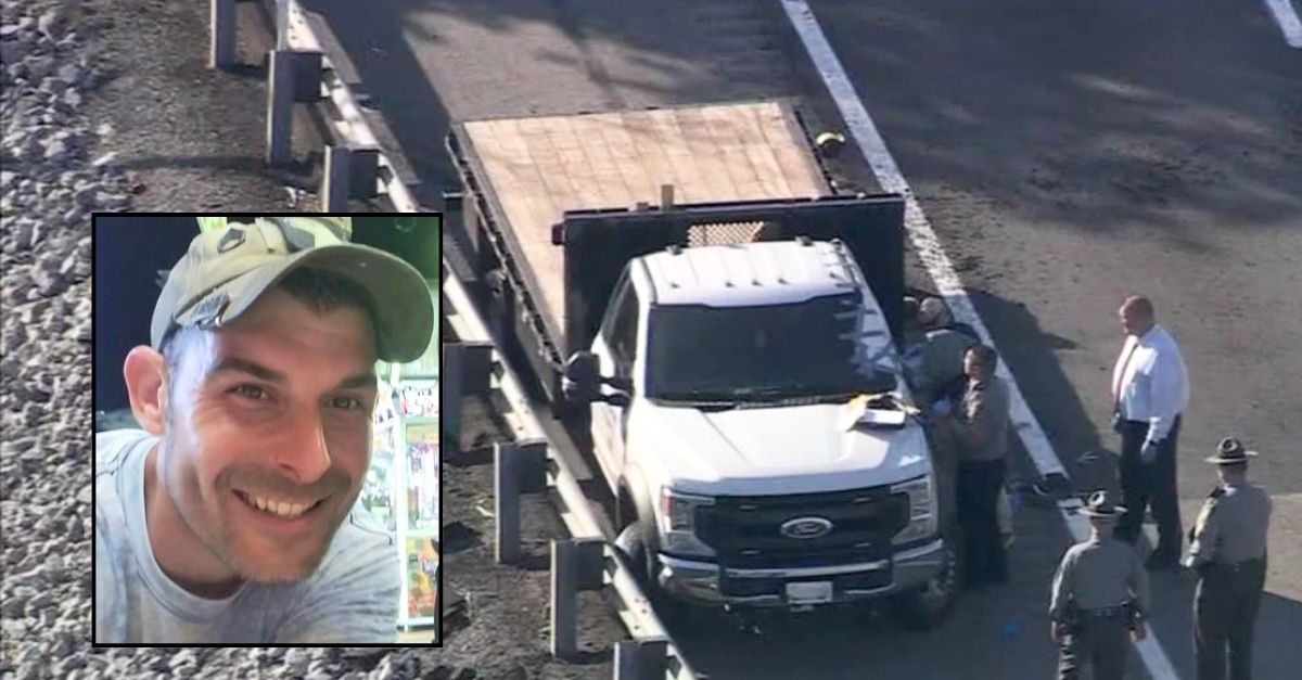 Inset: Michael Alfonse (Legacy.com/Catagnus Funeral Home and Cremation Center). Background: The vehicle that Michael Alfonse was driving when a Walmart truck driver allegedly killed him in a road rage shooting (WPVI/YouTube). 
