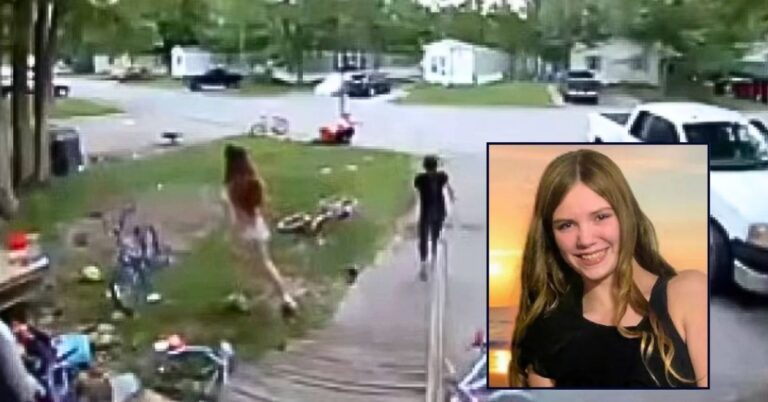 Inset: Olivia Smith (GoFundMe). Background: Ring camera video shows Olivia Smith walking off to the left, passing some trees, before her death (WJRT/YouTube).