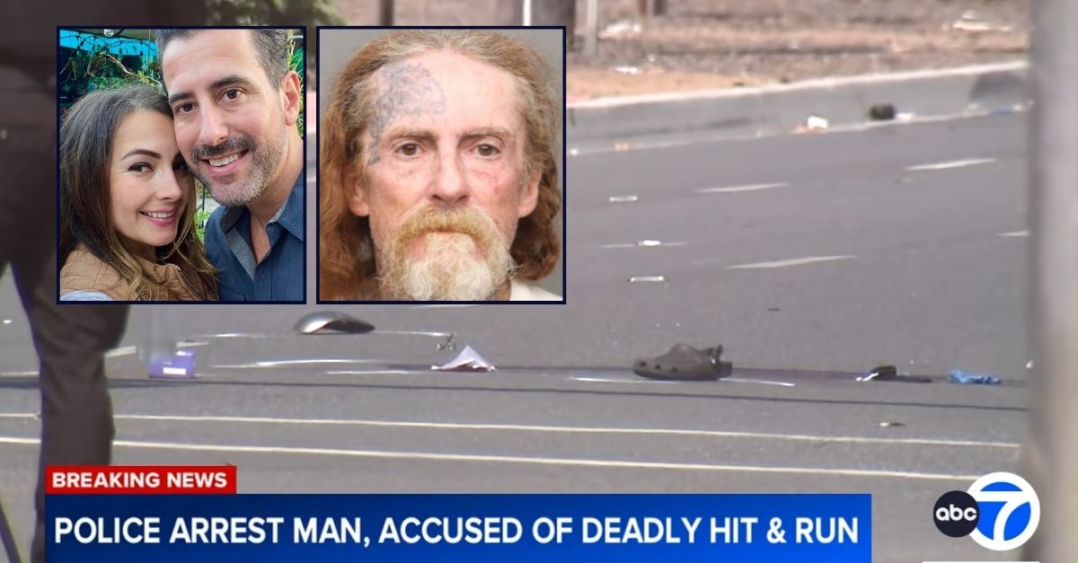 Left inset: Peter Mullis and his wife Layla Mullis (GoFundMe). Right inset: Gene Cunningham (Riverside Police Department). Background: The California intersection where Peter Mullis was allegedly mowed down and killed by Gene Cunningham while he was crossing the street in a marked crosswalk (KABC/YouTube).