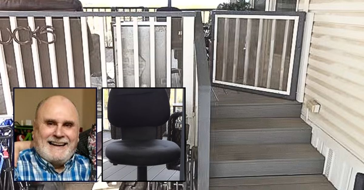 Left inset: Ronald Shuck. Right inset: The rolling office chair that Phoenix firefighters allegedly used to try and carry Ronald Shuck. Background: The staircase that Phoenix firefighters allegedly tried to carry Ronald Shuck down before dropping him (KPNX/YouTube).