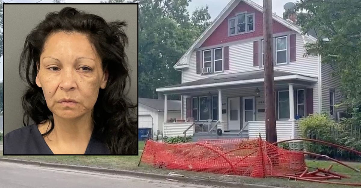 Inset: Connie Jo Frank (Clay County Detention Center). Background: The home where Frank allegedly killed her ex-boyfriend in 2024 (KVLY).