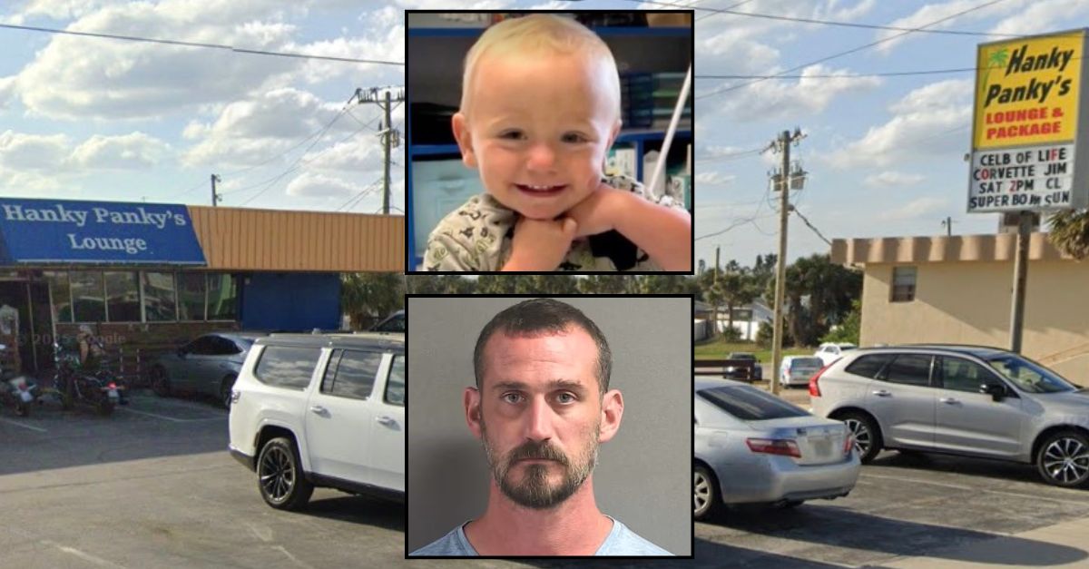 Inset, top to bottom: Sebastian Gardner and Scott Gardner (Volusia County Sheriff's Office). Background: The bar where Scott Gardner drank while his son died (Google Maps).