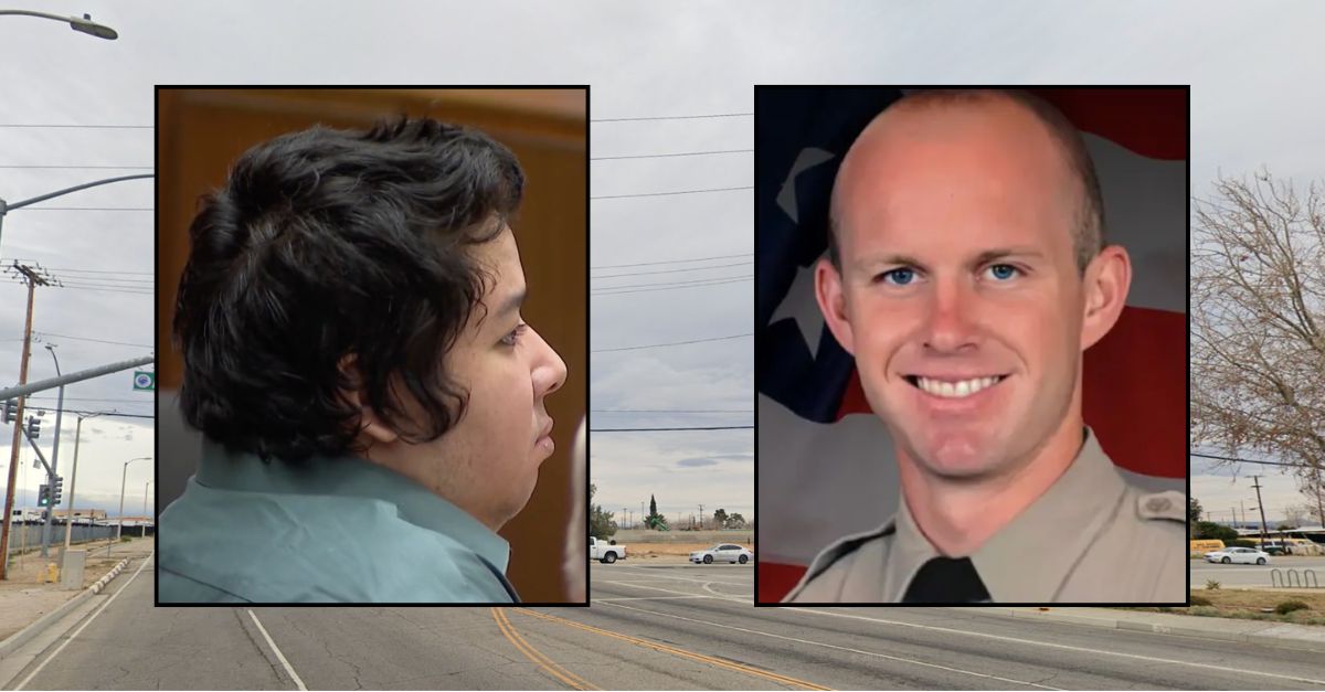 Inset, left to right: Kevin Salazar in court (KTLA) and Deputy Ryan Clinkunbroomer (LACSD). Background: The intersection in California where Salazar killed Clinkunbroomer (Google Maps).