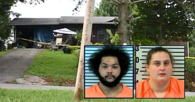Left inset: Deavan Williams. Right inset: Alexandrae Price (Allen County Sheriff's Office). Background: The Kentucky home where Deavan Williams and Alexandrae Price allegedly lived with Price's 1-year-old son (WNKY).