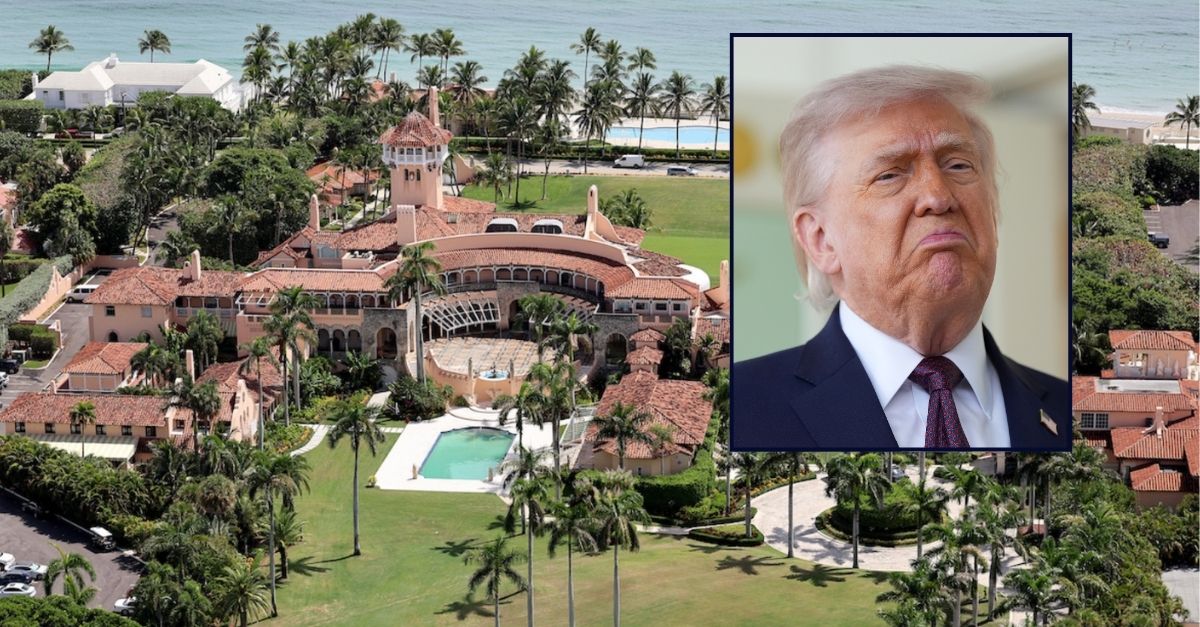 Inset: President Donald Trump speaks outside the Oval Office of the White House, Monday, April 13, 2026, in Washington. (AP Photo/Alex Brandon). Background: President Donald Trump's Mar-a-Lago estate is seen on September 14, 2022 in Palm Beach, Florida. (Photo by Joe Raedle/Getty Images.)