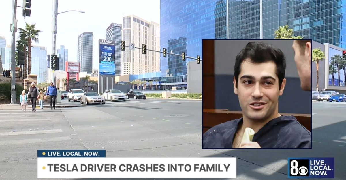 Inset: Las Vegas club promoter Gavin Caci in court. Background: The Las Vegas intersection where Gavin Caci hit a tourist couple walking with their daughter in a stroller (KLAS/YouTube).