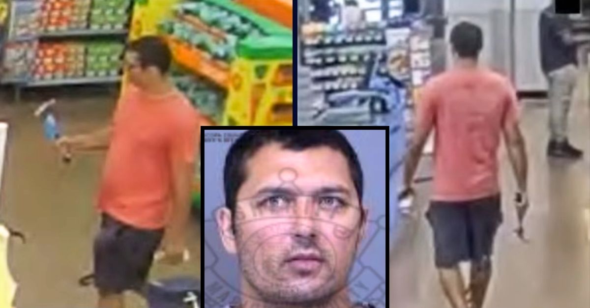 Inset: Jonathan Turk (Maricopa County Sheriff's Office). Background: Surveillance footage allegedly shows Jonathan Turk buying a hammer at a Walmart in Arizona that he later used during a fatal attack on his parents (AZFamily/YouTube).