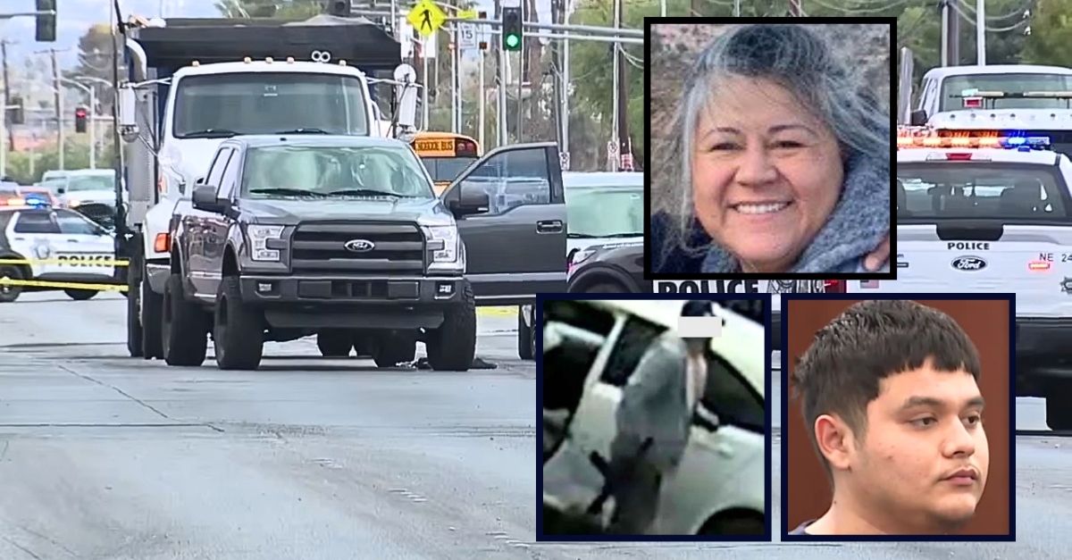 Insets (clockwise from top): Karla Abarca, Francisco Chairez-Hernandez in court, surveillance video of Francisco Chairez-Hernandez wielding an AR-15 (GoFundMe/KTNV/KLAS). Background: Nevada cops at the scene of the shooting that left Las Vegas mom Karla Abarca dead (KTNV/YouTube).
