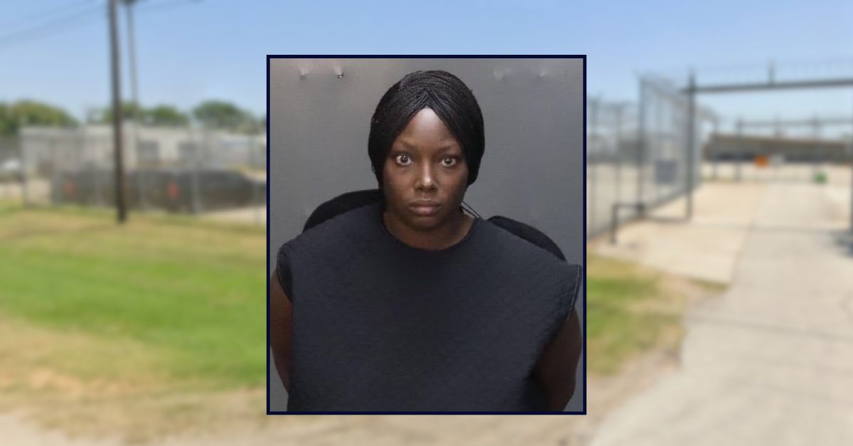 Katrina Evans appears in a booking photo inset against an image of the McLennan County Jail.