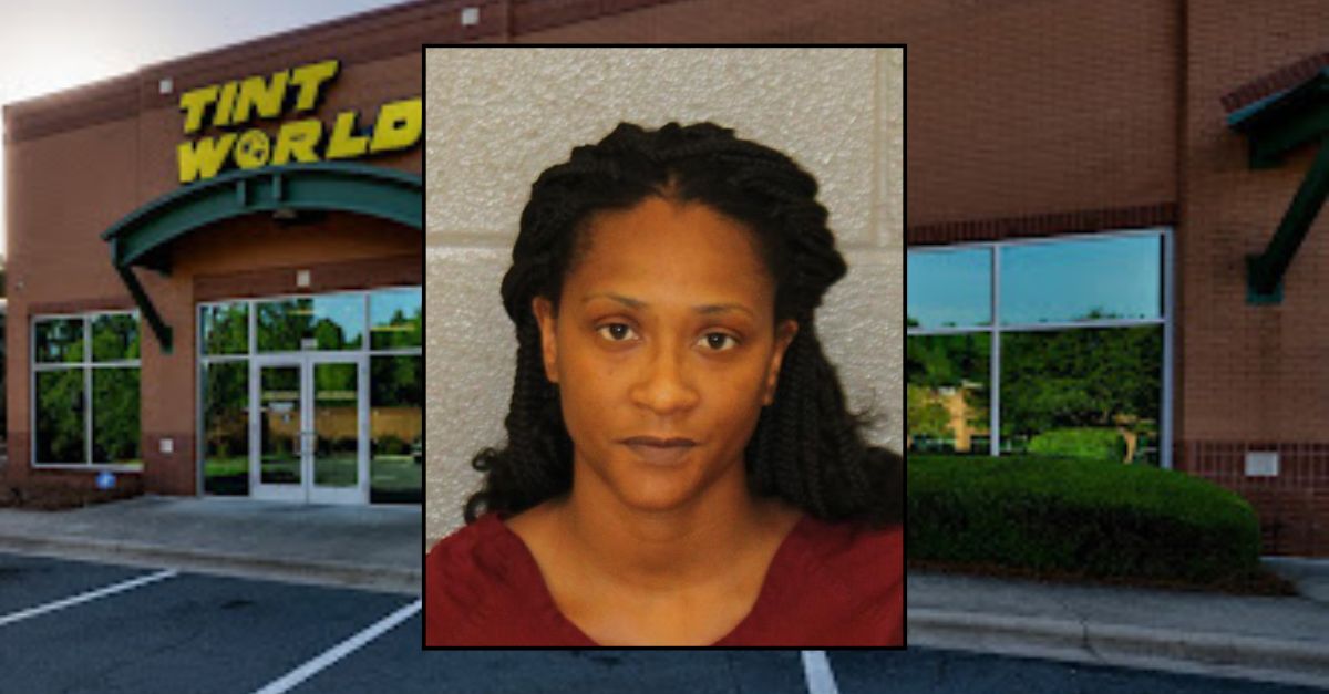 Inset: Keyara S. McKnight (CMPD). Background: Tint World in North Carolina, where McKnight allegedly killed her child's father (Google Maps).